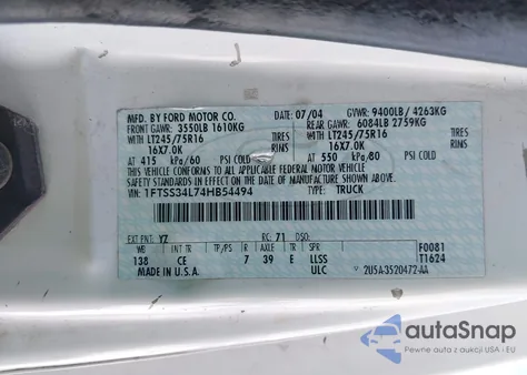 2004 Ford E-350 Super Duty Commercial/Recreational z USA, uszkodzony, nr VIN 1FTSS34L74HB54494